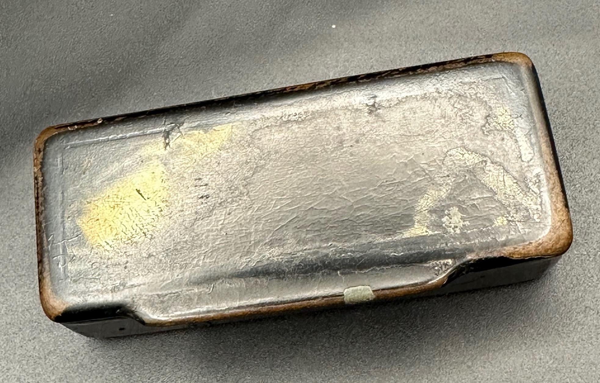 19th Century Antique Black Lacquered Paper Mache Snuff Box with Victorian Charm