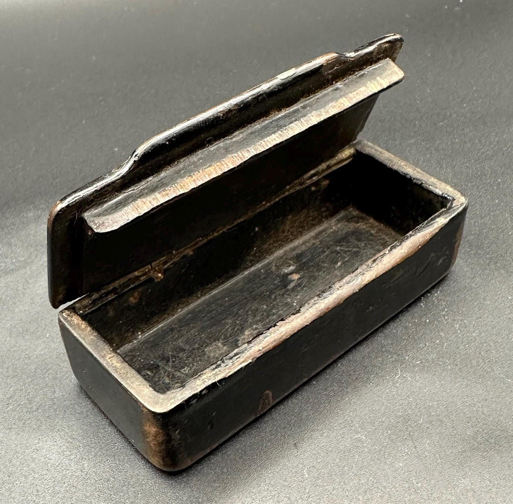 19th Century Antique Black Lacquered Paper Mache Snuff Box with Victorian Charm