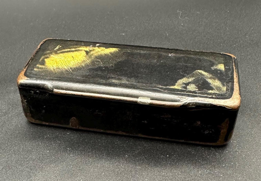 19th Century Antique Black Lacquered Paper Mache Snuff Box with Victorian Charm