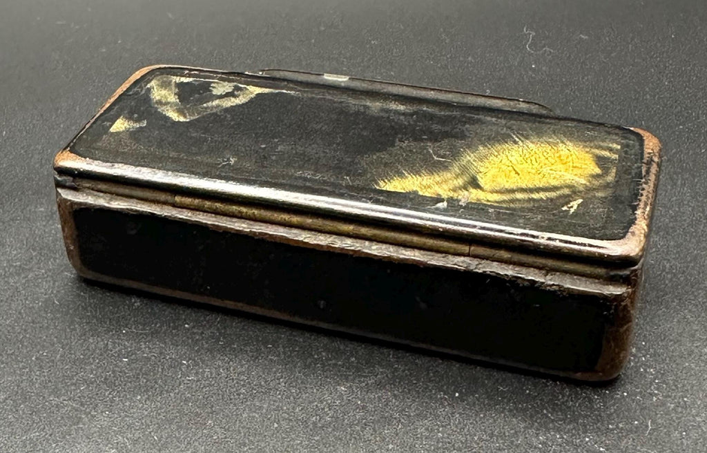 19th Century Antique Black Lacquered Paper Mache Snuff Box with Victorian Charm