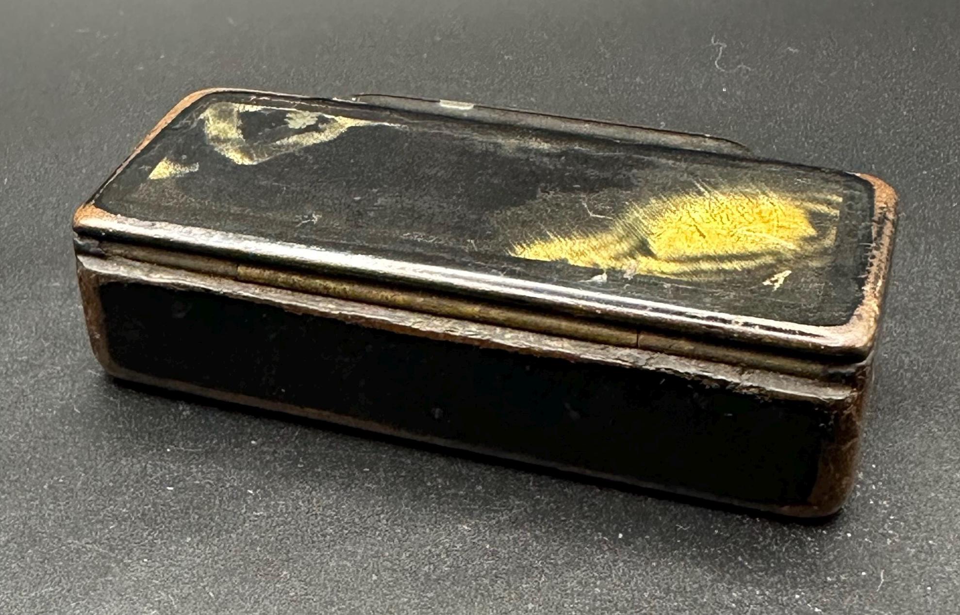 19th Century Antique Black Lacquered Paper Mache Snuff Box with Victorian Charm