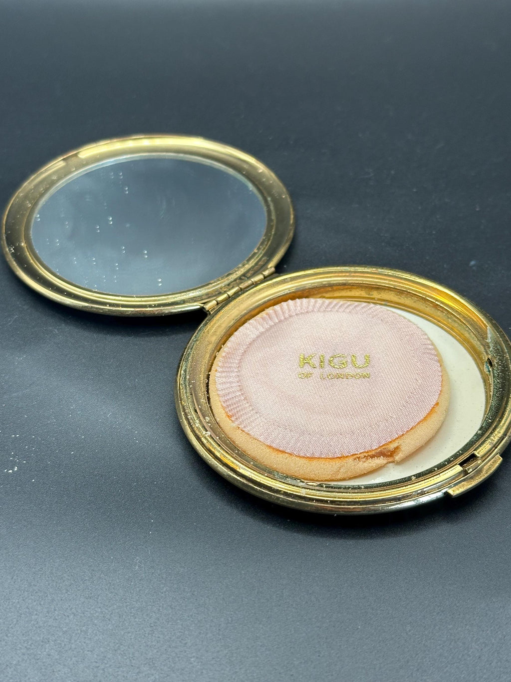 Vintage Kigu Powder Compact: Blue Enamel Car Scene, Gold-Tone Guilloché