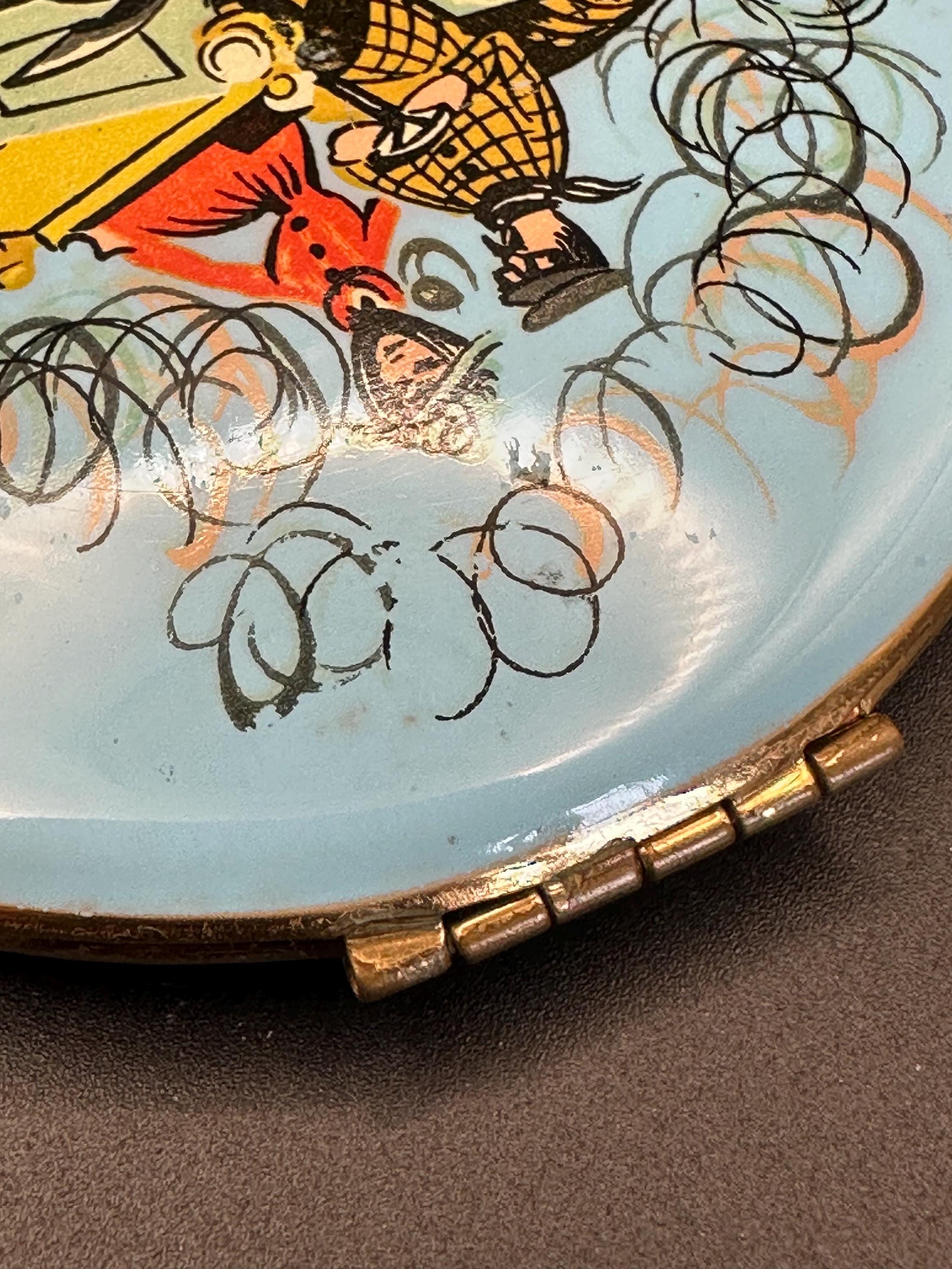 Vintage Kigu Powder Compact: Blue Enamel Car Scene, Gold-Tone Guilloché