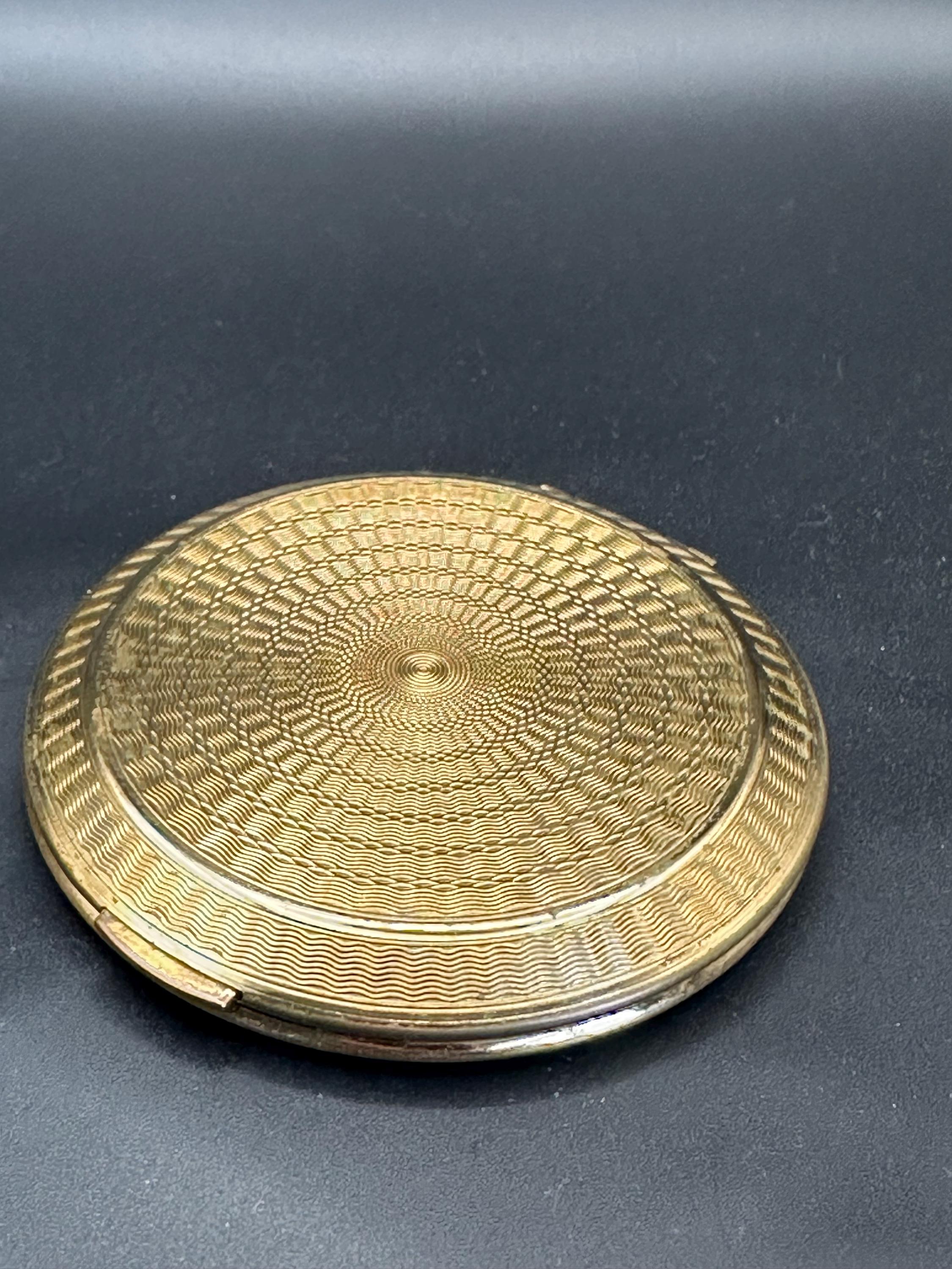 Vintage Kigu Powder Compact: Blue Enamel Car Scene, Gold-Tone Guilloché