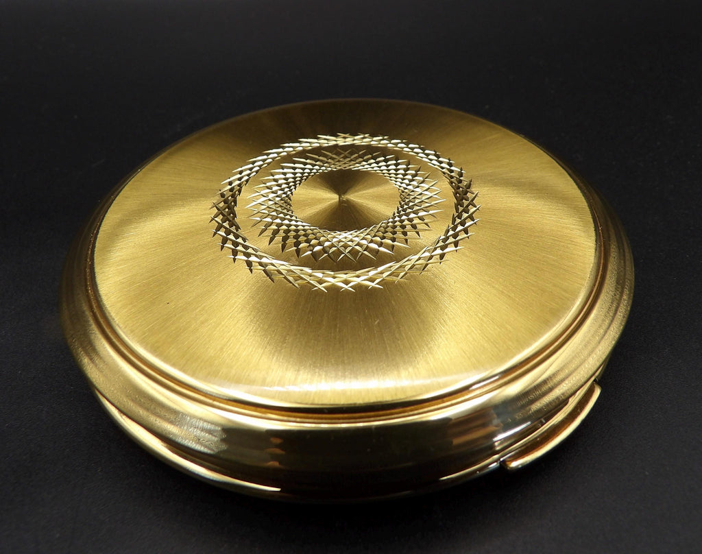 Vintage Kigu Convertible Powder Compact: Gold Guilloché Sunburst Design