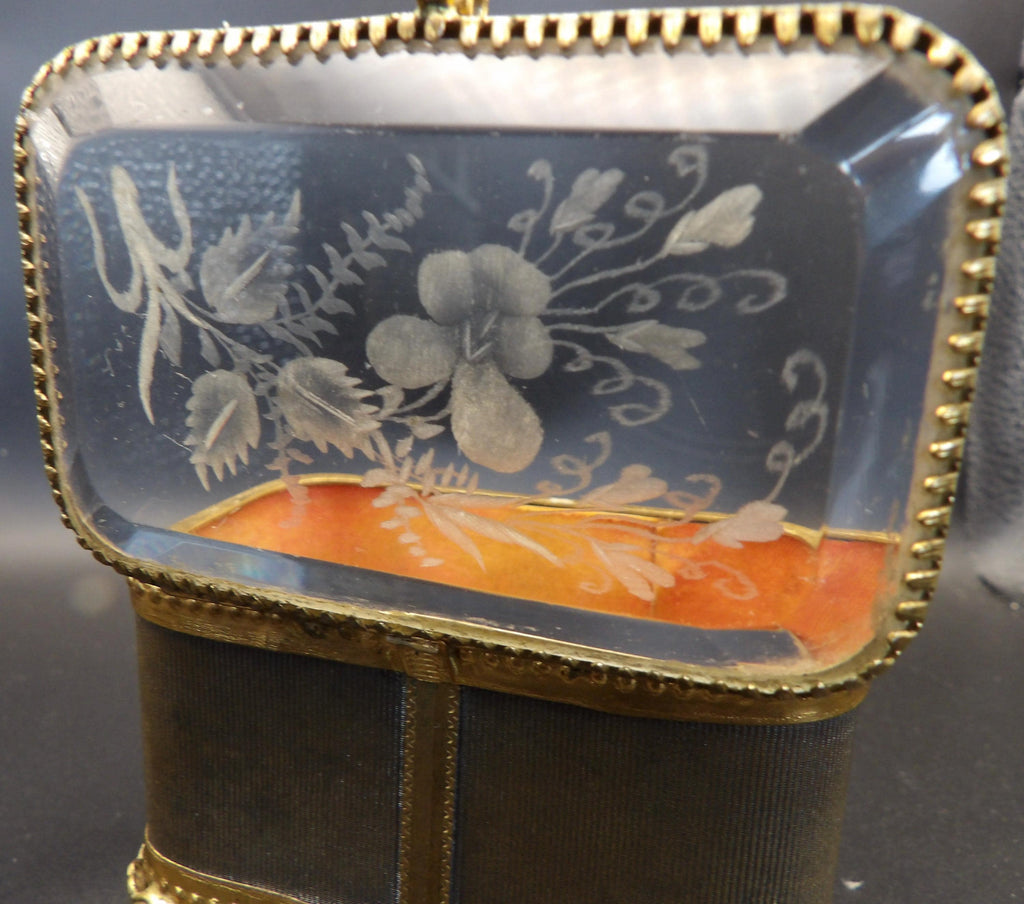 Antique French Ormolu Jewellery Box: Bevelled Glass, Ribbon Motif, Trinket Box