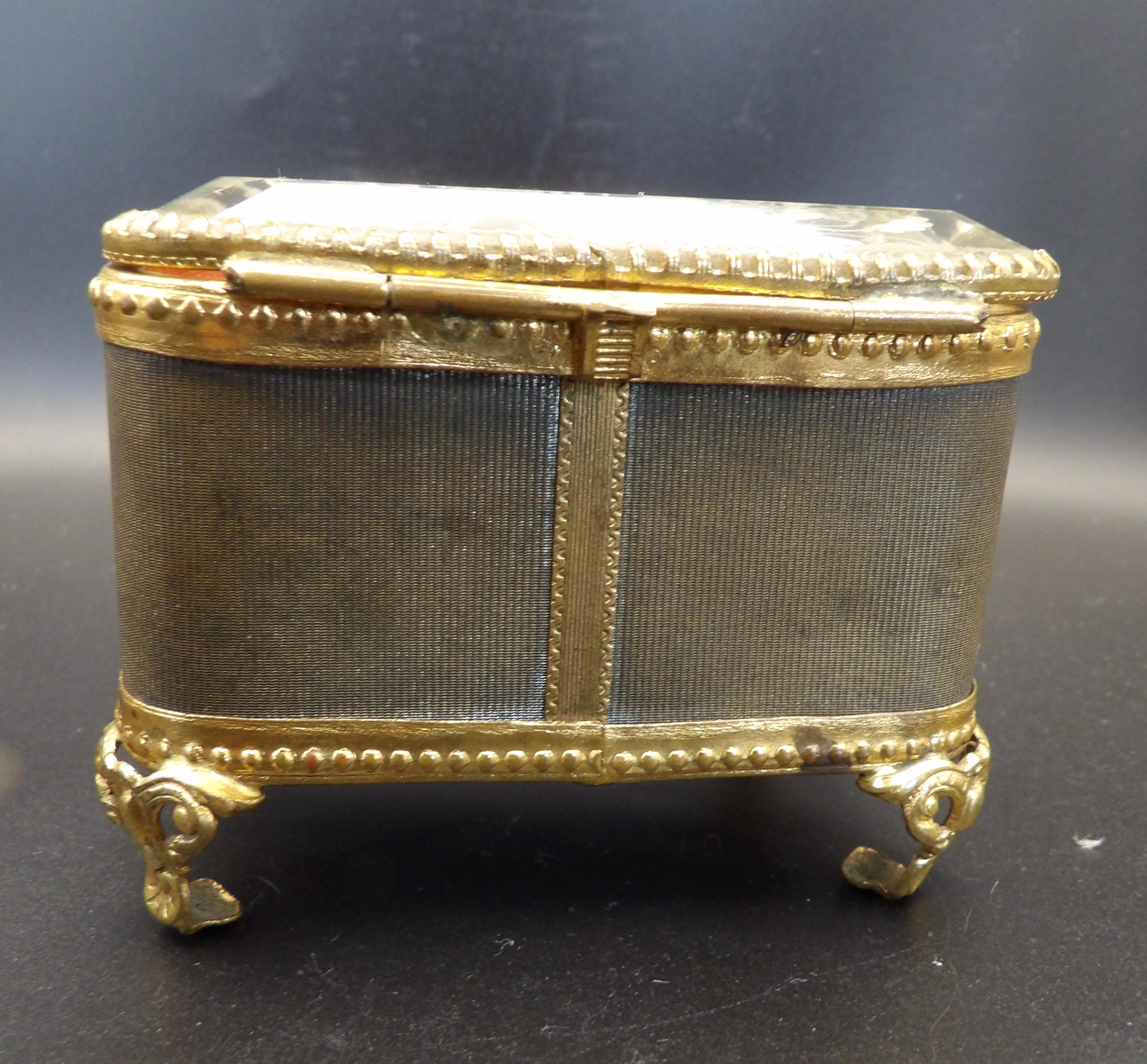 Antique French Ormolu Jewellery Box: Bevelled Glass, Ribbon Motif, Trinket Box
