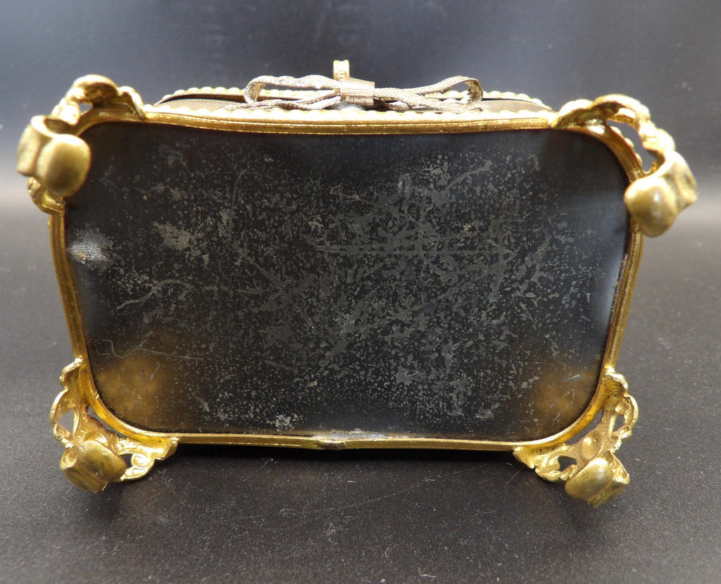 Antique French Ormolu Jewellery Box: Bevelled Glass, Ribbon Motif, Trinket Box
