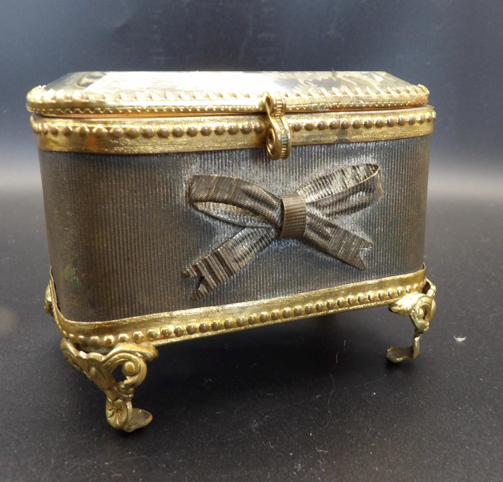Antique French Ormolu Jewellery Box: Bevelled Glass, Ribbon Motif, Trinket Box