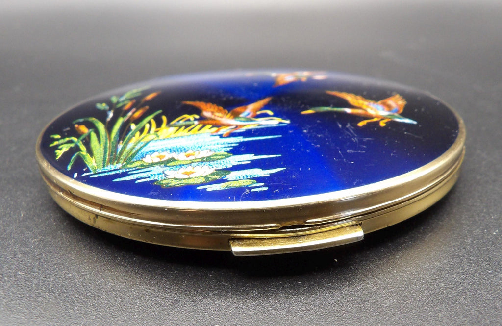 Vintage Stratton Enamel Powder Compact: Flying Ducks Pond Scene, Gold Guilloché