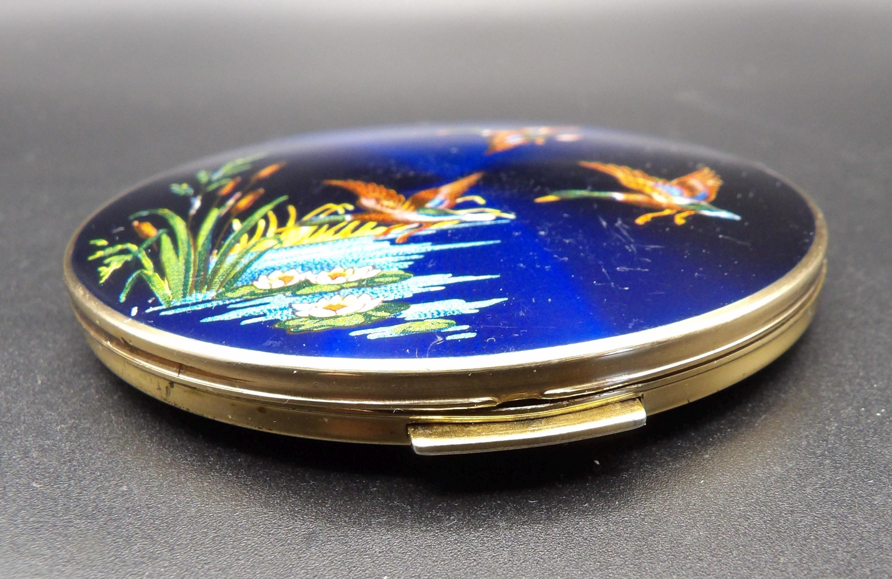 Vintage Stratton Enamel Powder Compact: Flying Ducks Pond Scene, Gold Guilloché