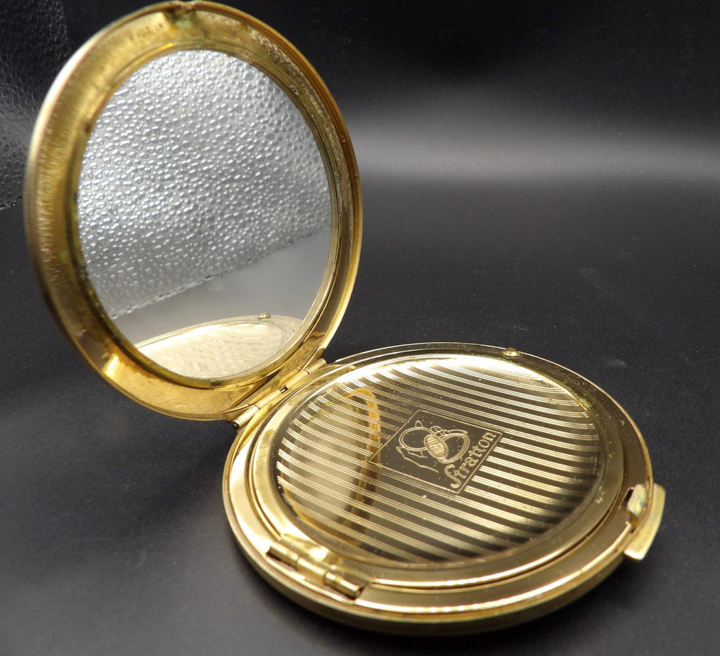 Vintage Stratton Enamel Powder Compact: Flying Ducks Pond Scene, Gold Guilloché