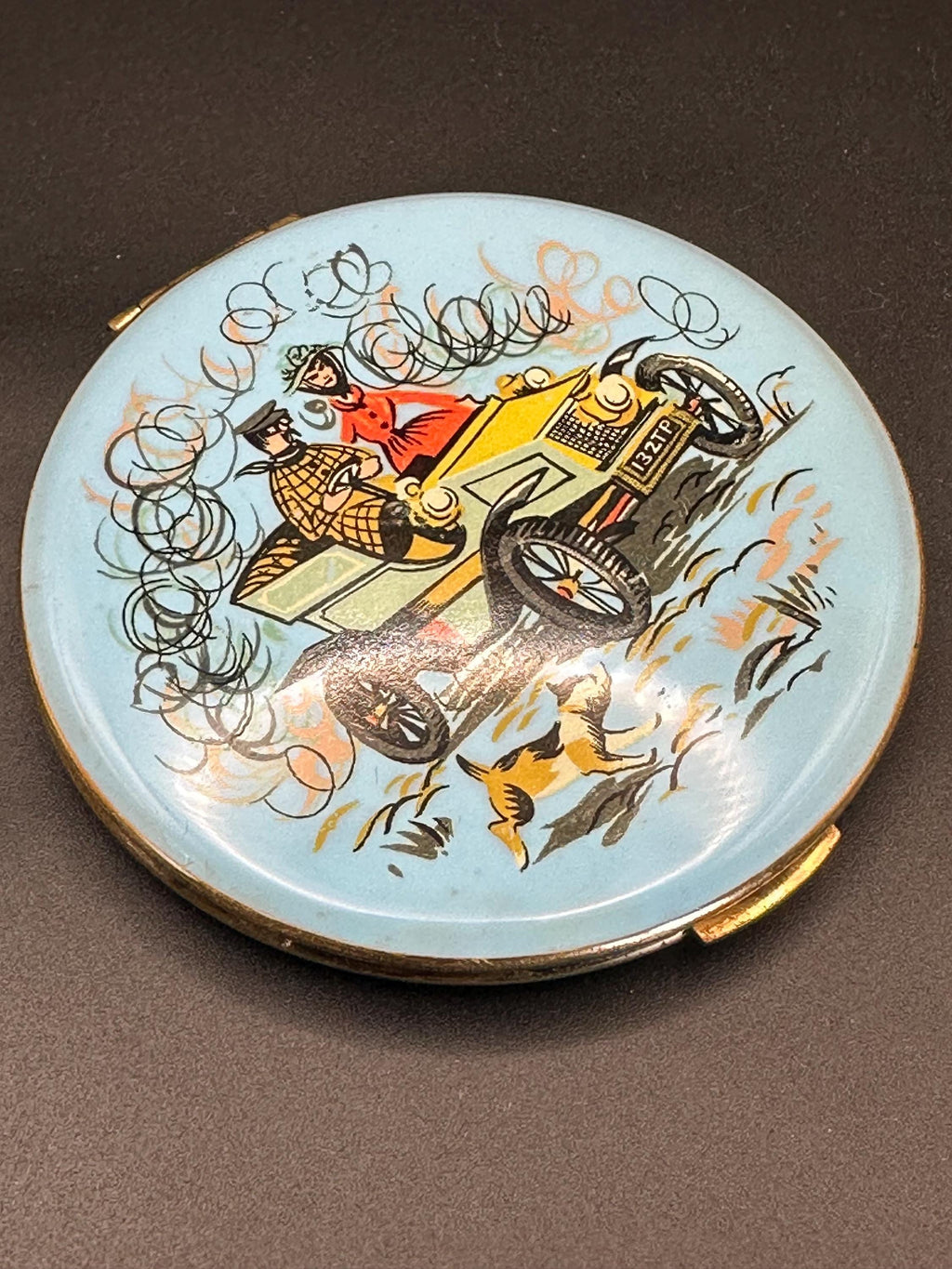 Vintage Kigu Powder Compact: Blue Enamel Car Scene, Gold-Tone Guilloché
