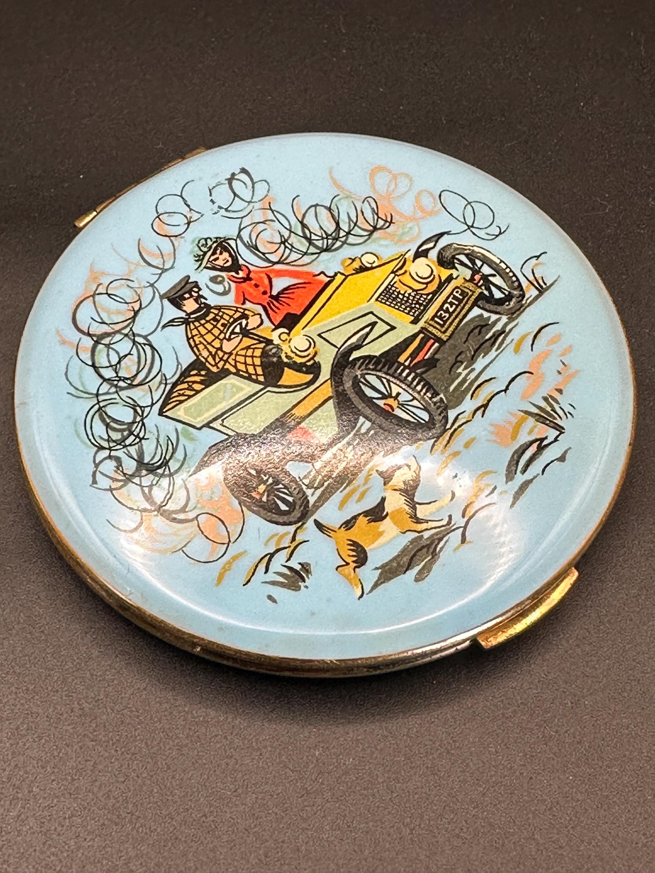 Vintage Kigu Powder Compact: Blue Enamel Car Scene, Gold-Tone Guilloché