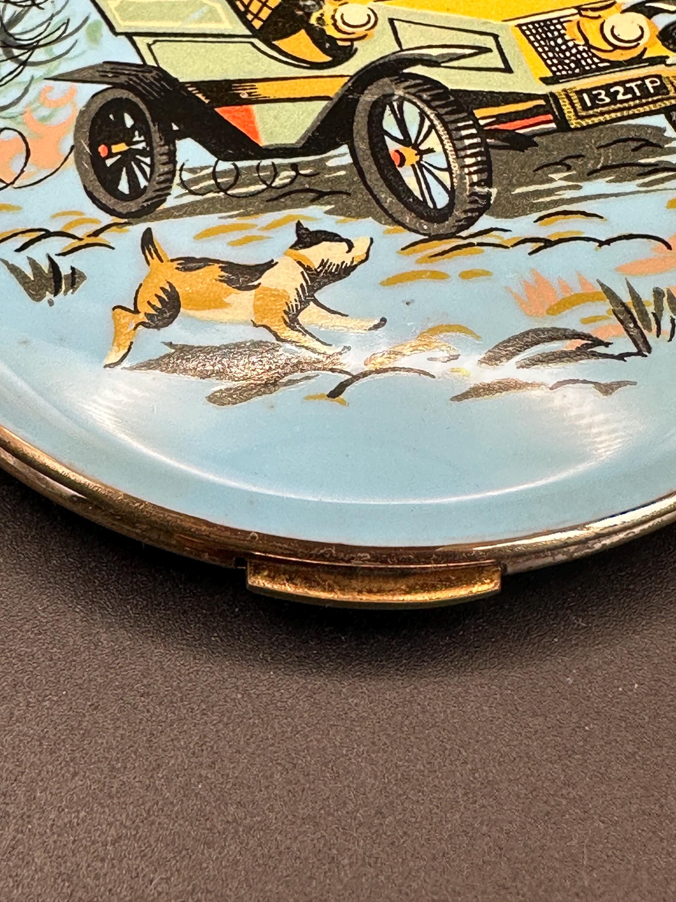 Vintage Kigu Powder Compact: Blue Enamel Car Scene, Gold-Tone Guilloché