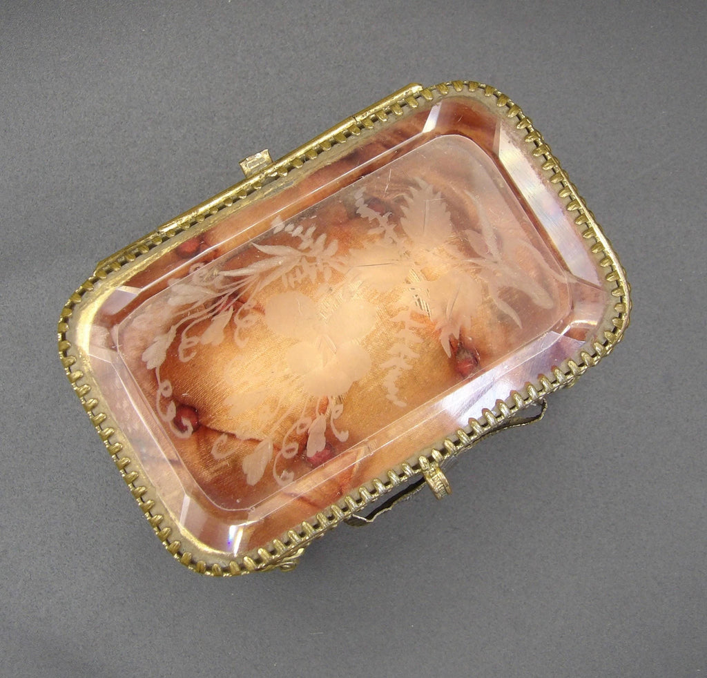 Antique French Ormolu Jewellery Box: Bevelled Glass, Ribbon Motif, Trinket Box