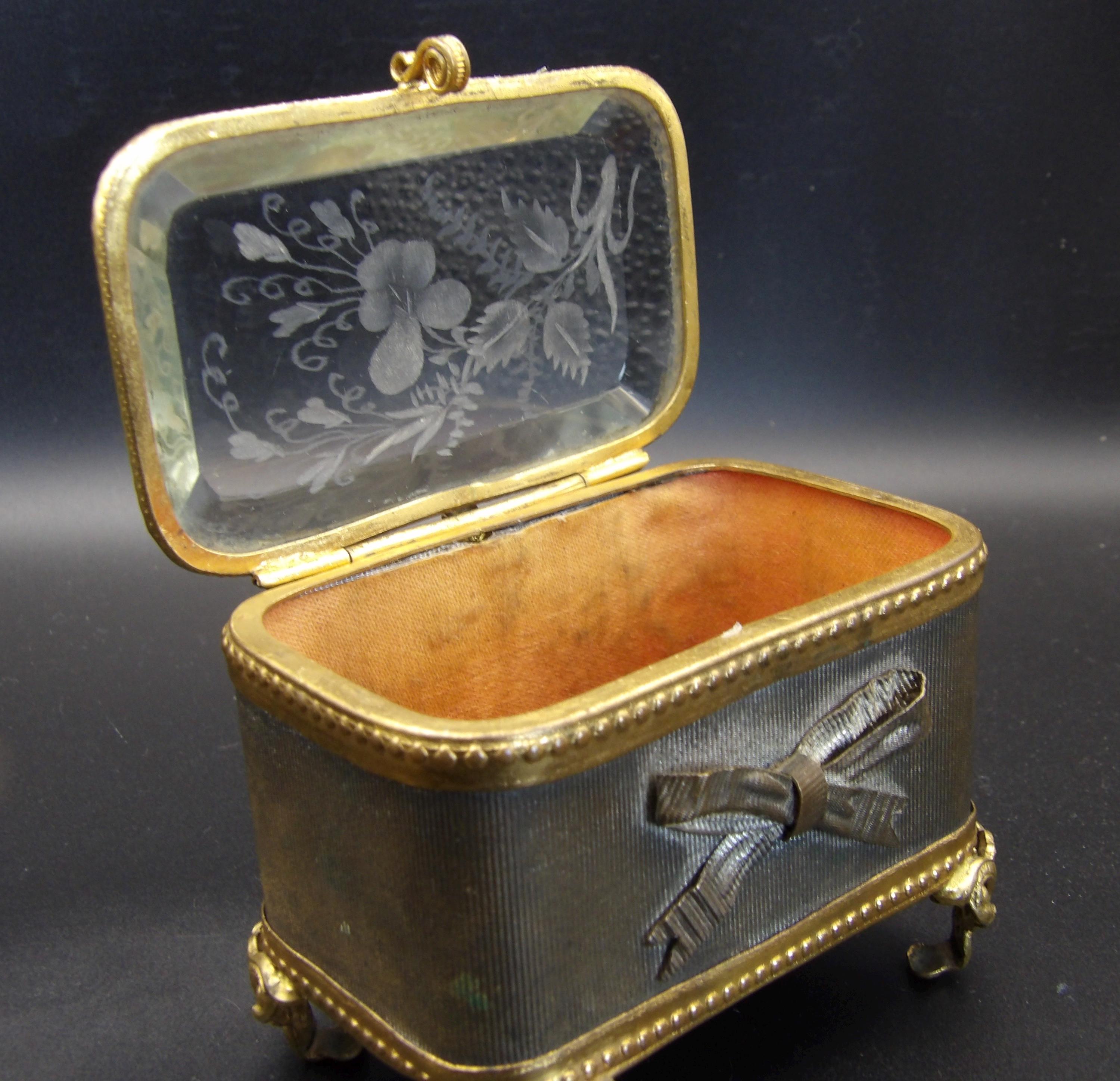 Antique French Ormolu Jewellery Box: Bevelled Glass, Ribbon Motif, Trinket Box