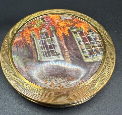 1950s Vintage Pygmalion Collectible powder compact with Original Mirror, Cottage Scene Retro Beauty Vanity