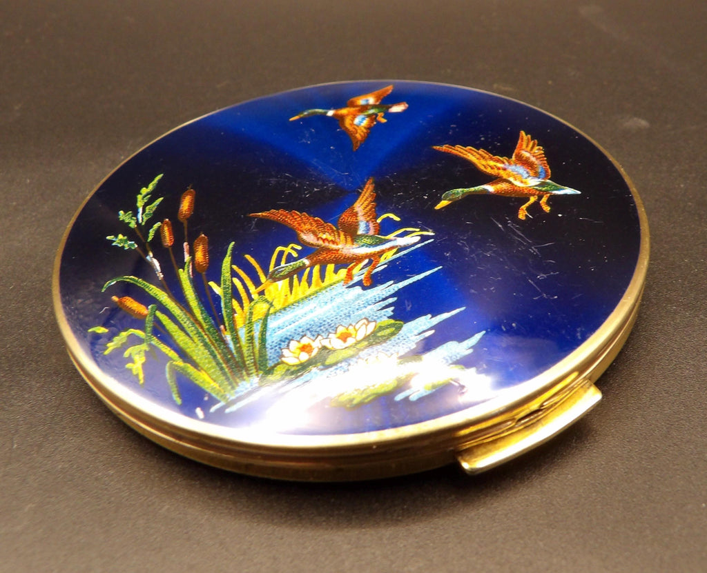 Vintage Stratton Enamel Powder Compact: Flying Ducks Pond Scene, Gold Guilloché