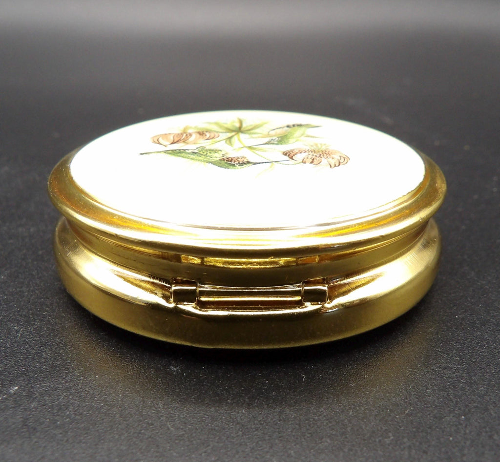 Vintage Kigu Pill Box – Cream Enamel Hummingbird Design, Mirror, Three-Section Divider, Original Box, England