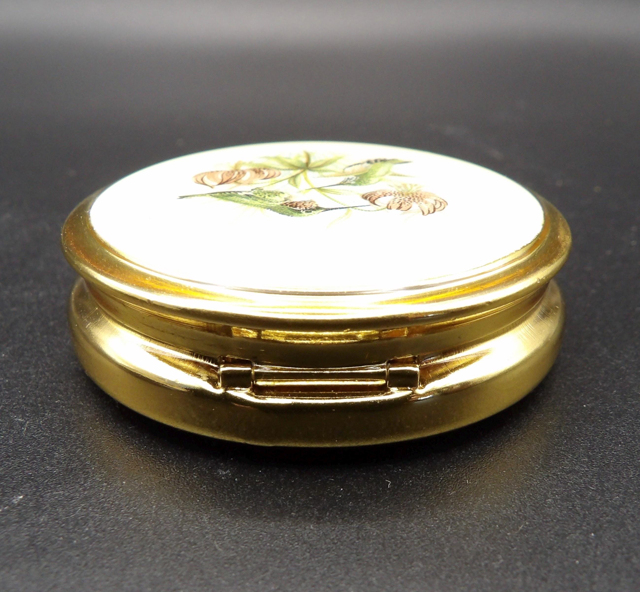 Vintage Kigu Pill Box – Cream Enamel Hummingbird Design, Mirror, Three-Section Divider, Original Box, England