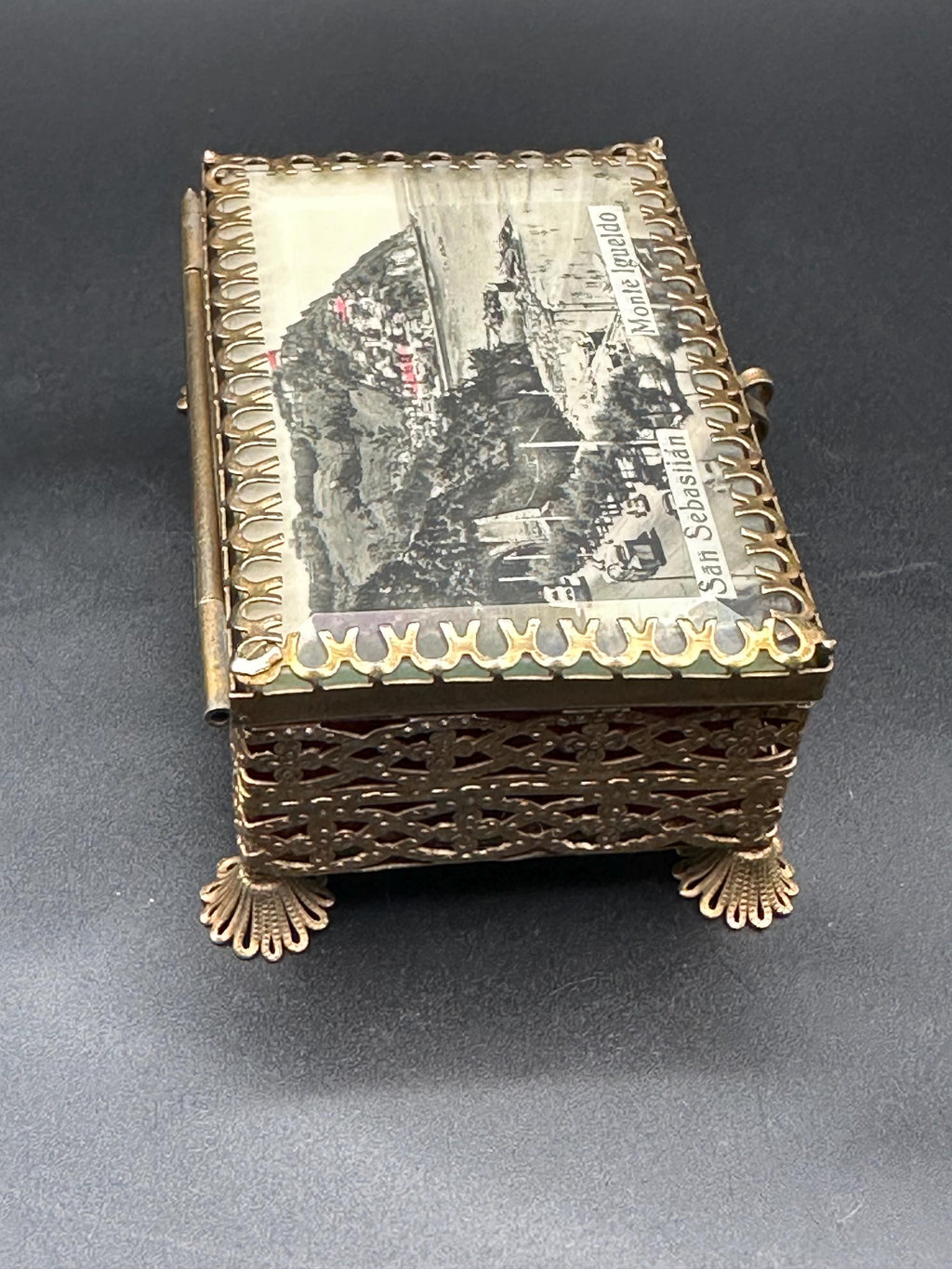 Vintage Ormolu Filigree Jewelry Box: San Sebastián Photo Lid, Trinket Box