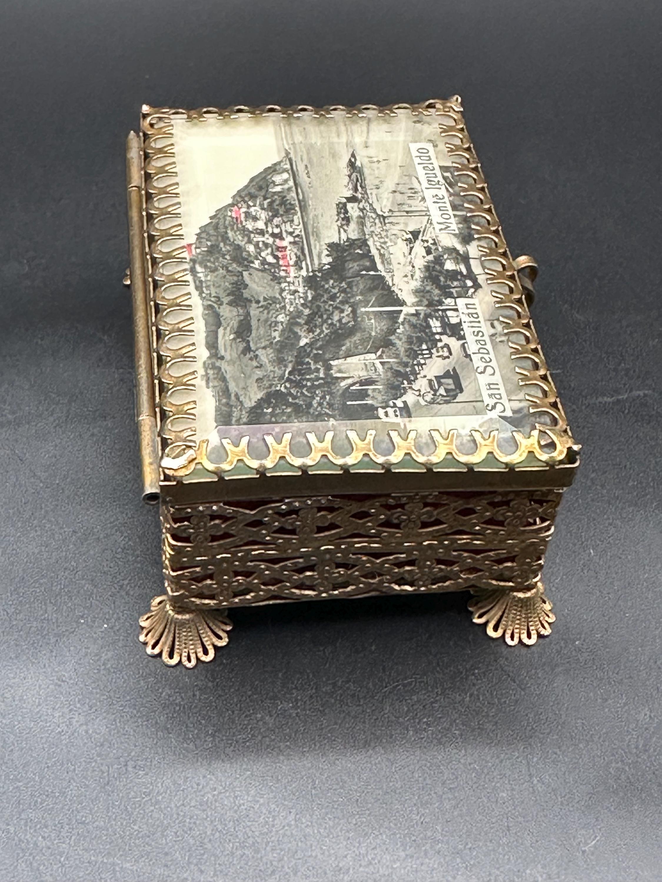 Vintage Ormolu Filigree Jewelry Box: San Sebastián Photo Lid, Trinket Box