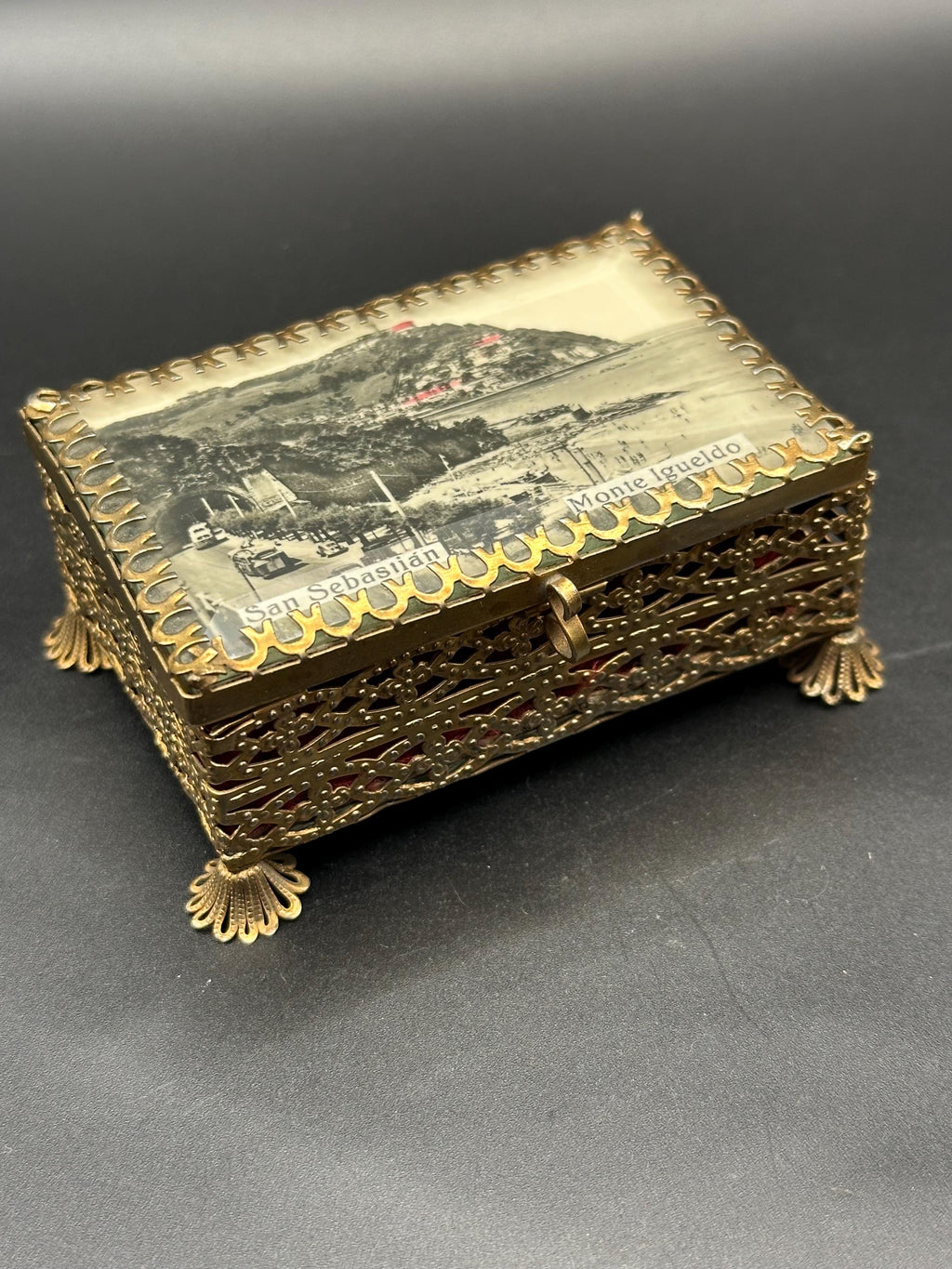Vintage Ormolu Filigree Jewelry Box: San Sebastián Photo Lid, Trinket Box