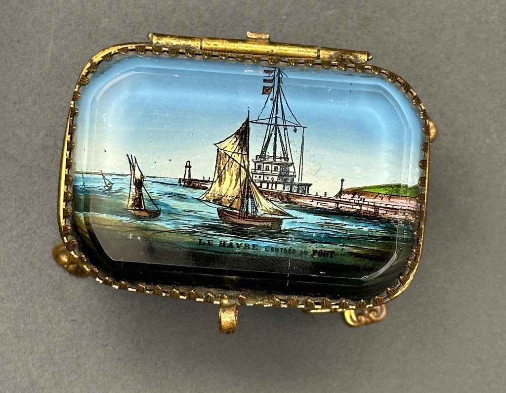 Antique French Ormolu Jewellery Casket: Églomisé Le Havre Port Scene Trinket Box