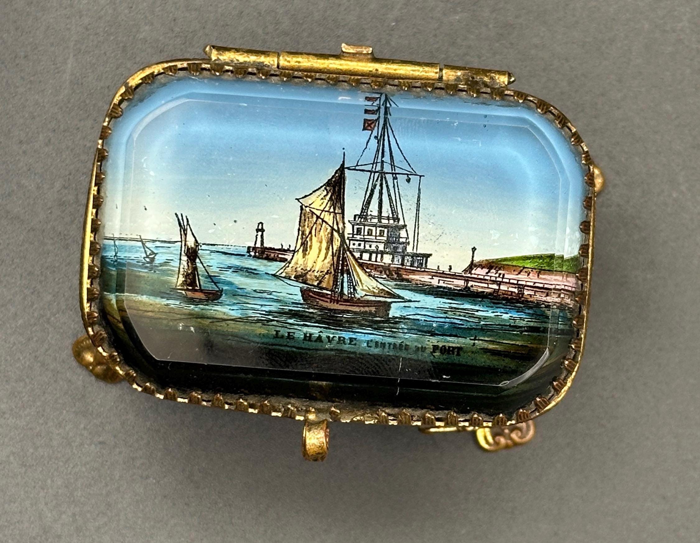 Antique French Ormolu Jewellery Casket: Églomisé Le Havre Port Scene Trinket Box
