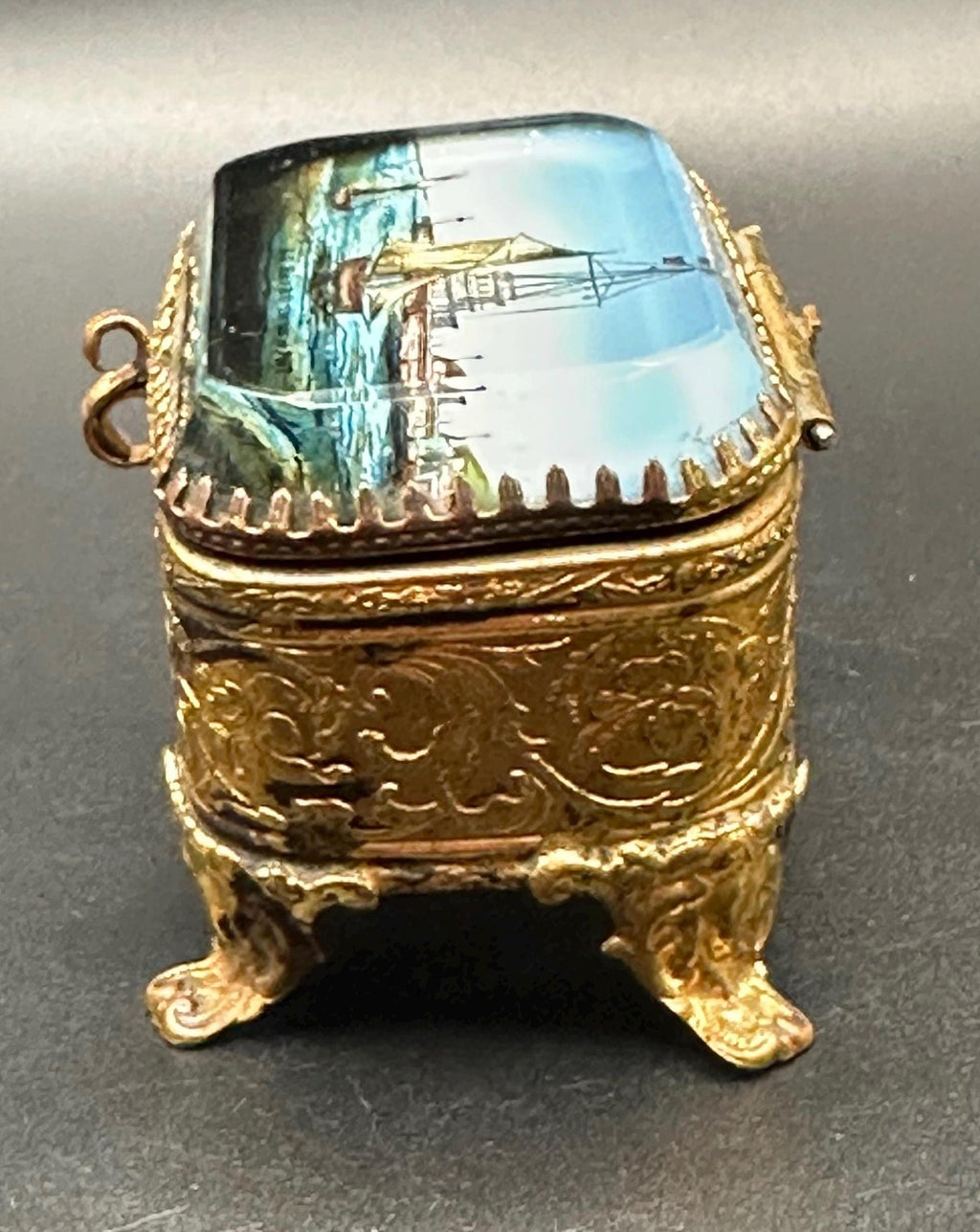 Antique French Ormolu Jewellery Casket: Églomisé Le Havre Port Scene Trinket Box