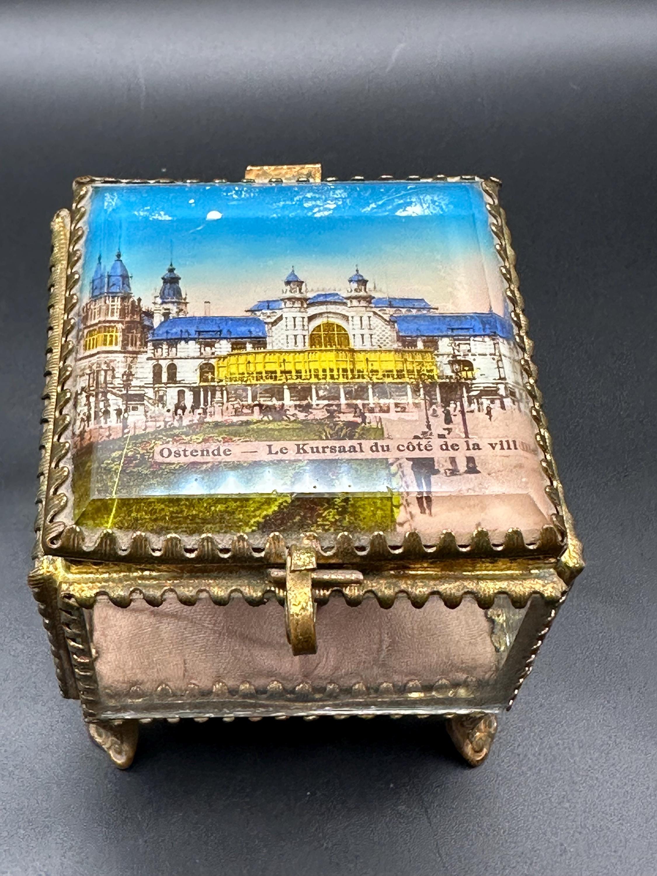 Antique Ormolu Jewellery Casket: Ostende Postcard Lid, Trinket Box (c. 1900-1915)