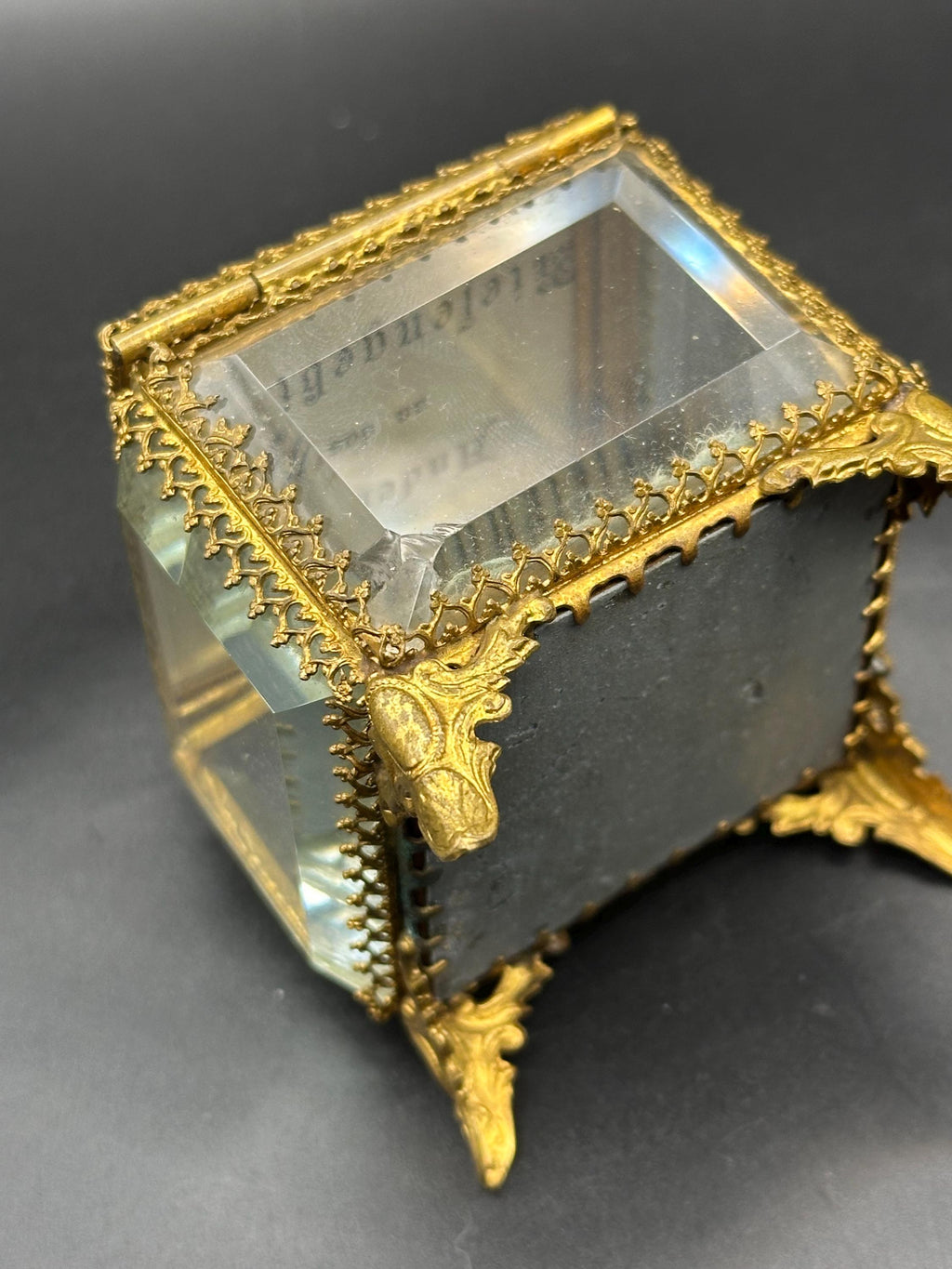 Antique Ormolu Jewellery Casket: Ruine Kynast Bevelled Glass Trinket Box