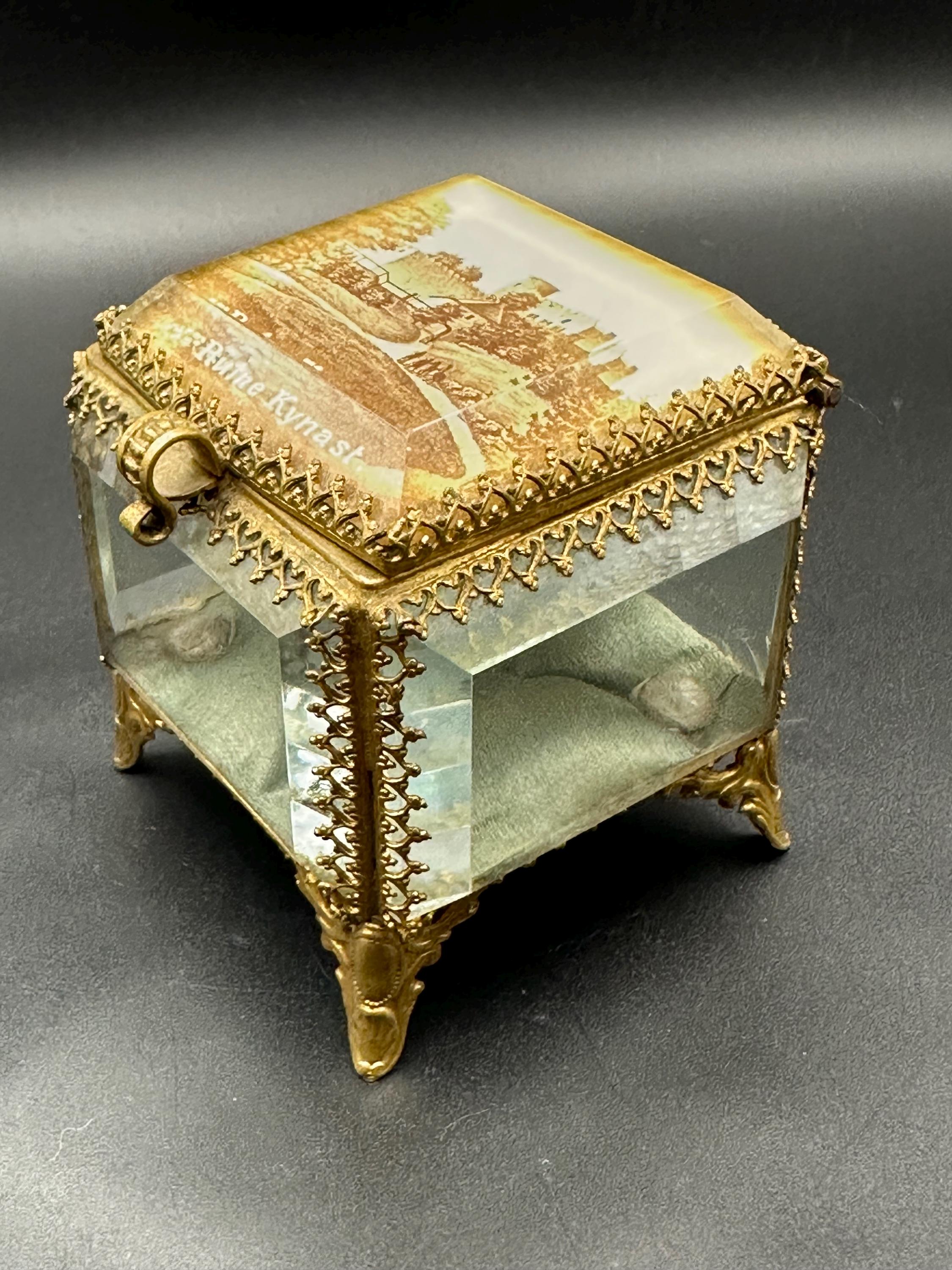 Antique Ormolu Jewellery Casket: Ruine Kynast Bevelled Glass Trinket Box