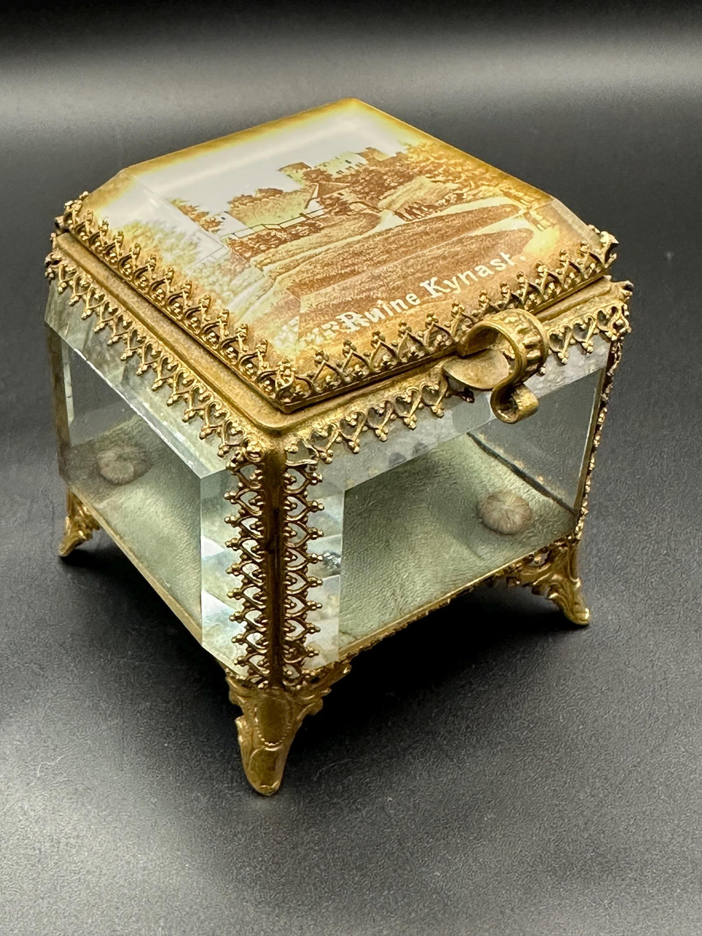 Antique Ormolu Jewellery Casket: Ruine Kynast Bevelled Glass Trinket Box