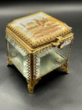 Antique Ormolu Jewellery Casket: Ruine Kynast Bevelled Glass Trinket Box