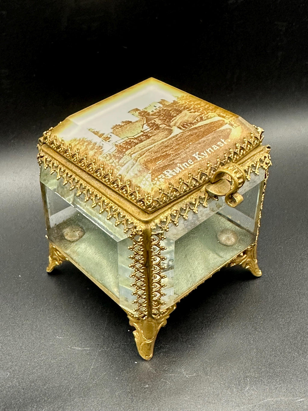 Antique Ormolu Jewellery Casket: Ruine Kynast Bevelled Glass Trinket Box