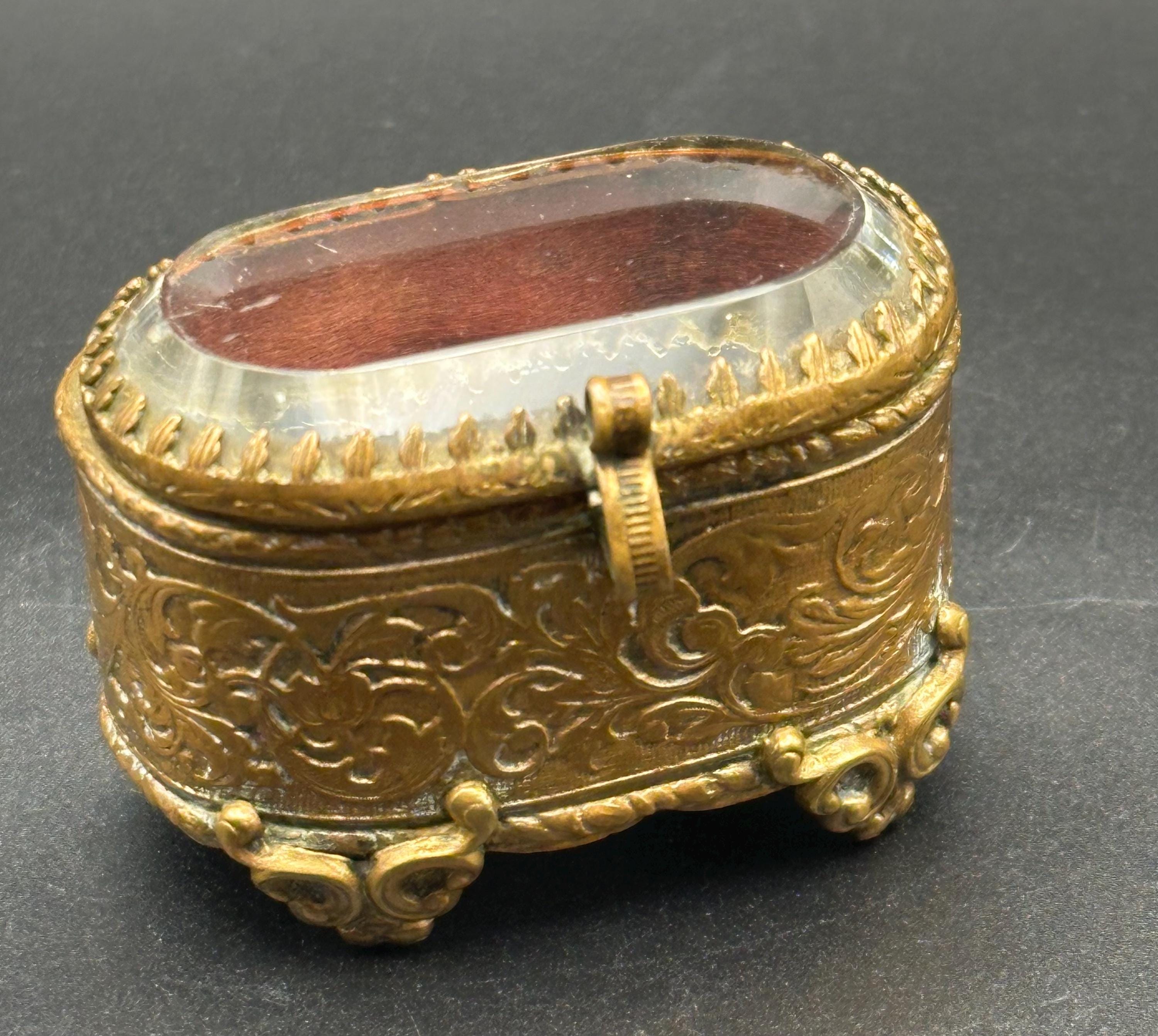 Antique French Ormolu Jewellery Casket: Bevelled Glass Lid, Trinket Box