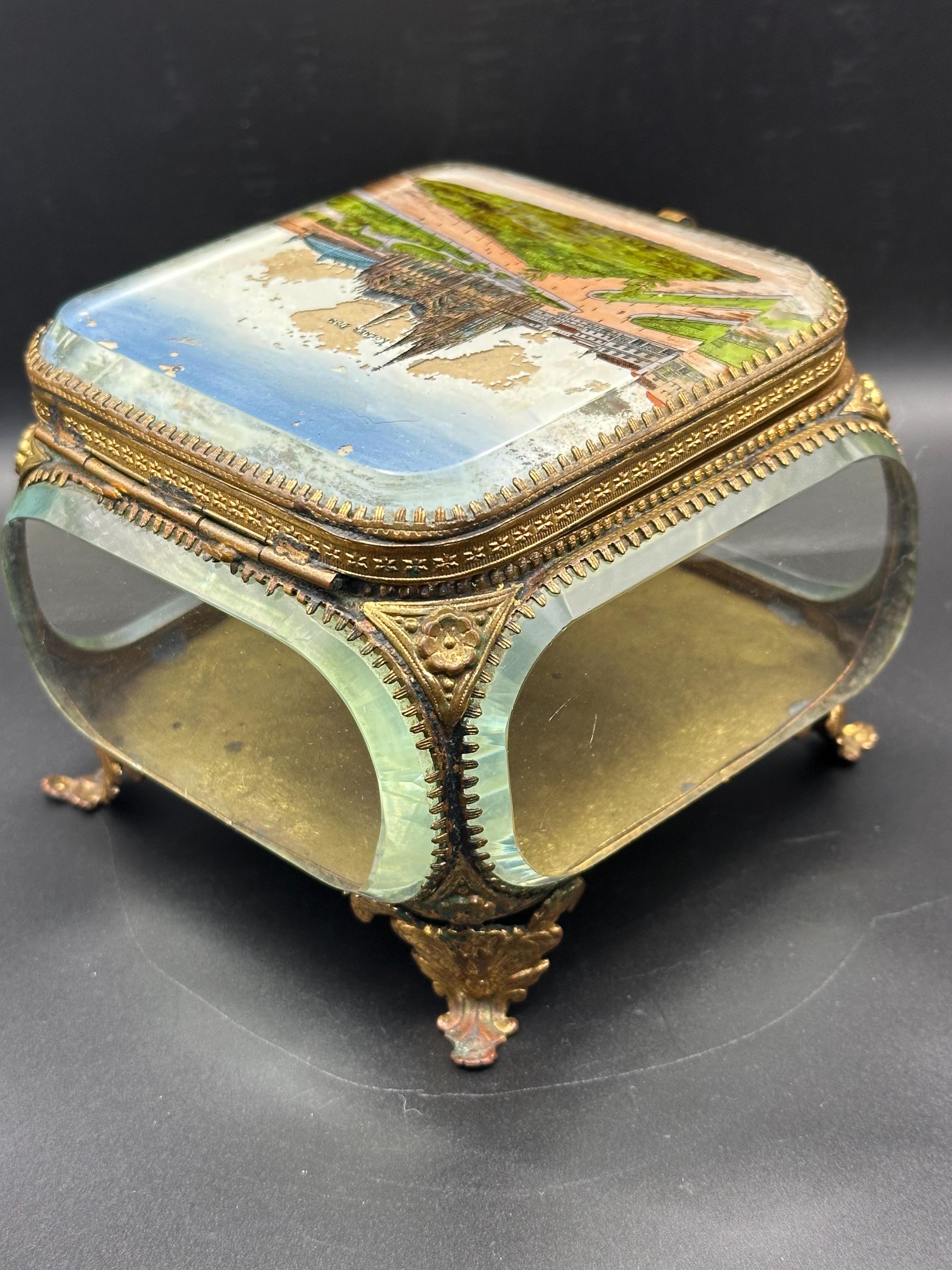 Antique Ormolu Jewellery Casket: Cologne Cathedral Landmark Lid Trinket Box