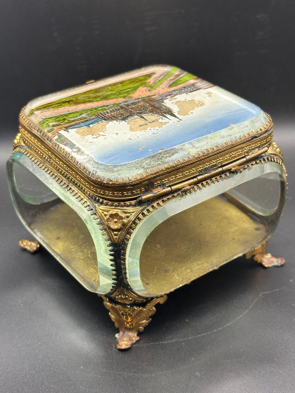 Antique Ormolu Jewellery Casket: Cologne Cathedral Landmark Lid Trinket Box
