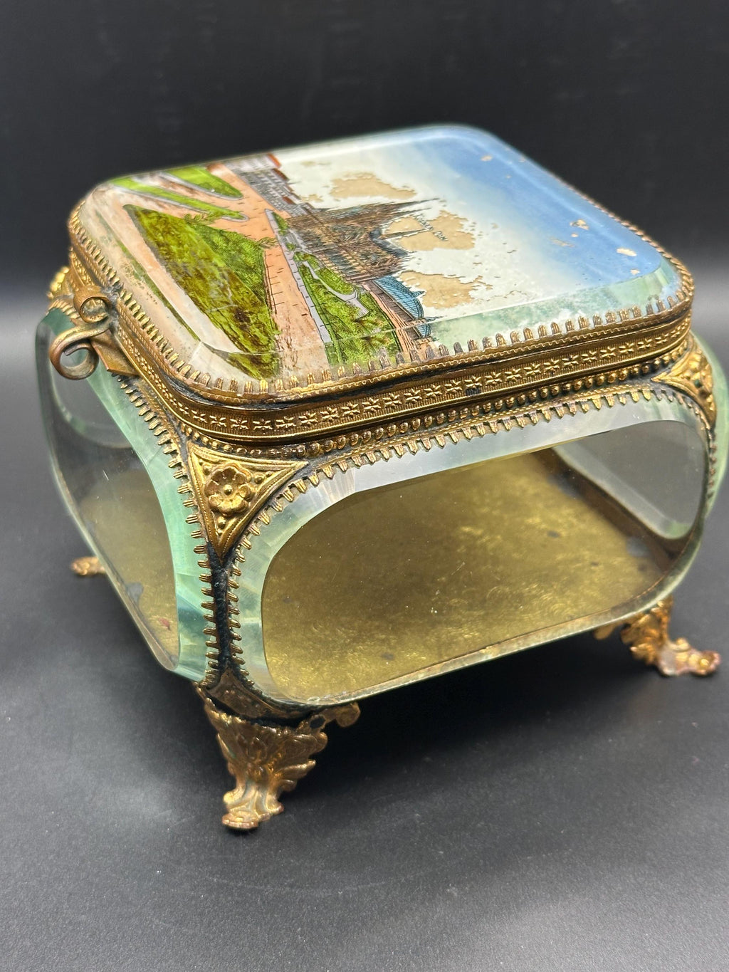 Antique Ormolu Jewellery Casket: Cologne Cathedral Landmark Lid Trinket Box