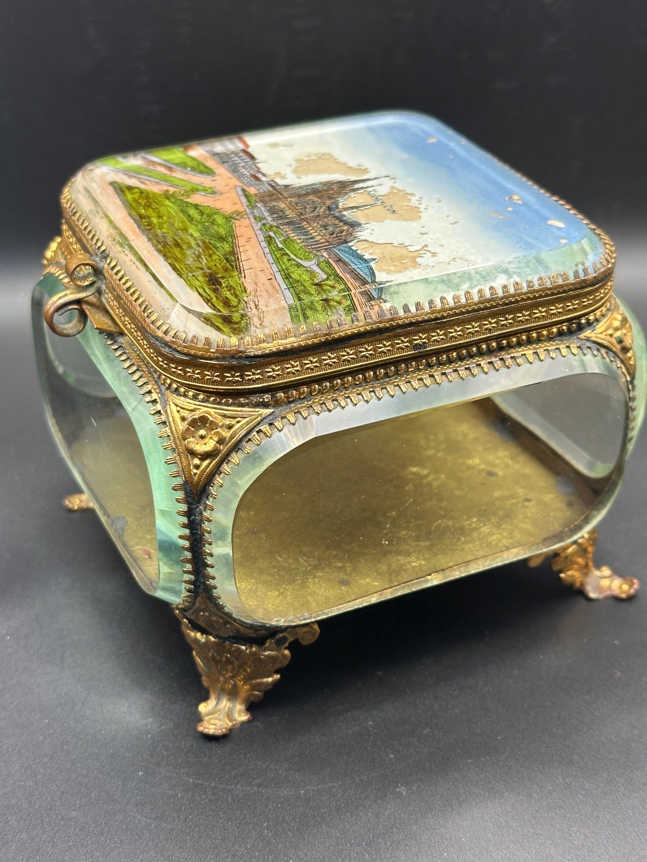 Antique Ormolu Jewellery Casket: Cologne Cathedral Landmark Lid Trinket Box