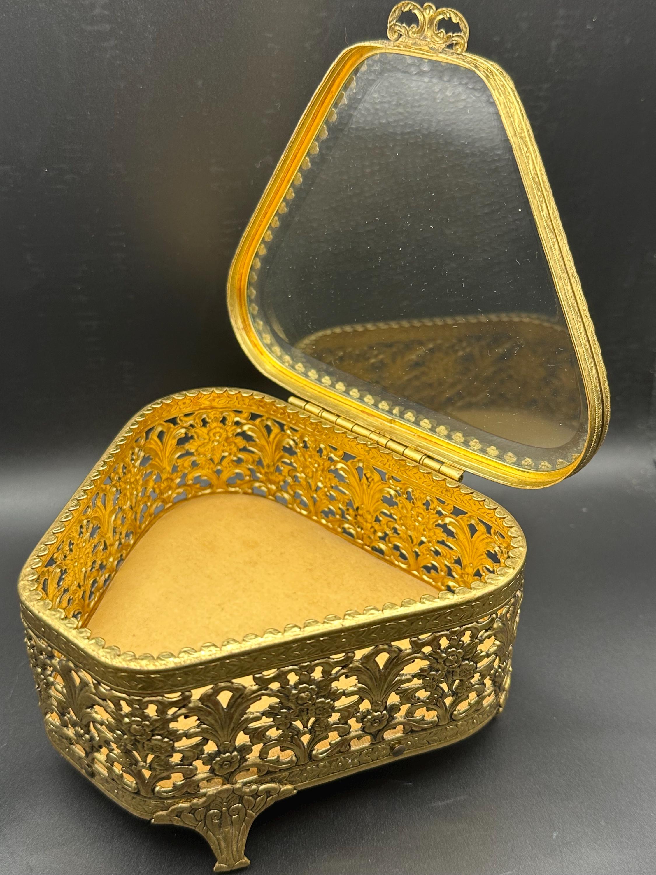 French Ormolu Filigree Jewellery Casket: Bevelled Glass Lid, Trinket Box