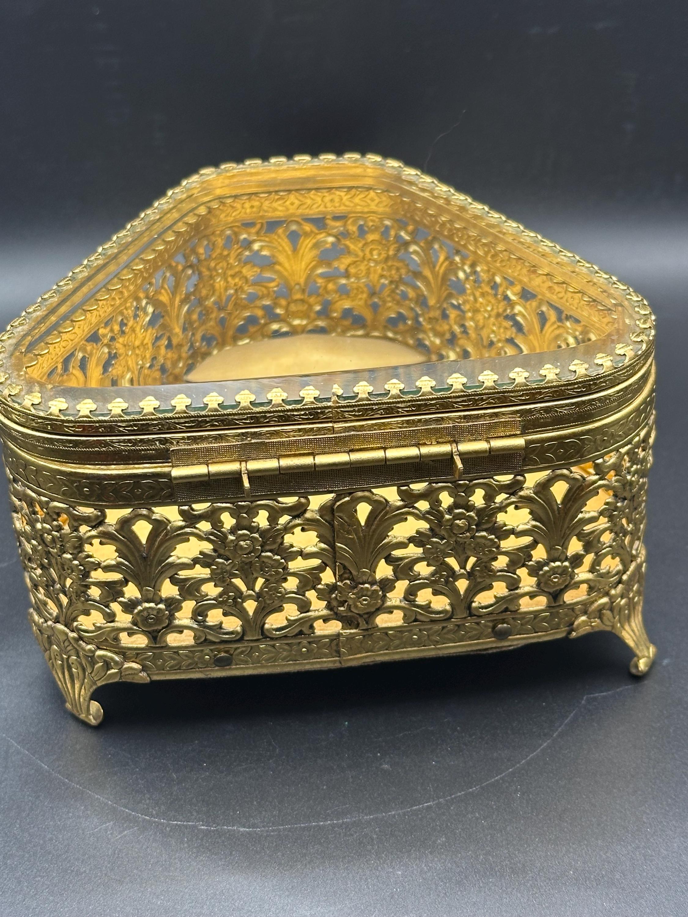 French Ormolu Filigree Jewellery Casket: Bevelled Glass Lid, Trinket Box