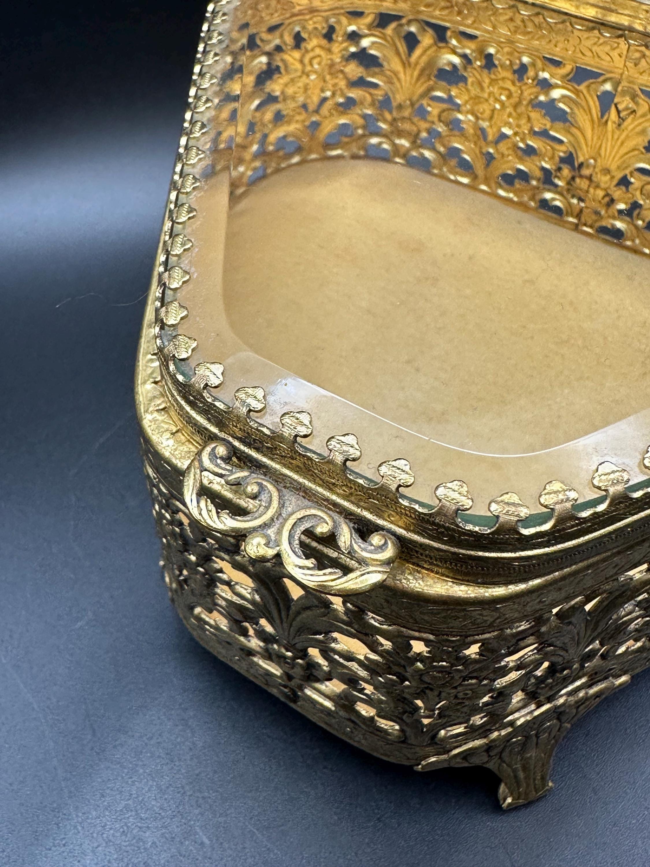 French Ormolu Filigree Jewellery Casket: Bevelled Glass Lid, Trinket Box