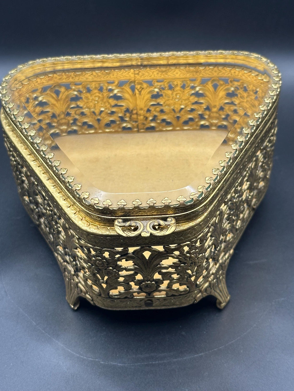 French Ormolu Filigree Jewellery Casket: Bevelled Glass Lid, Trinket Box