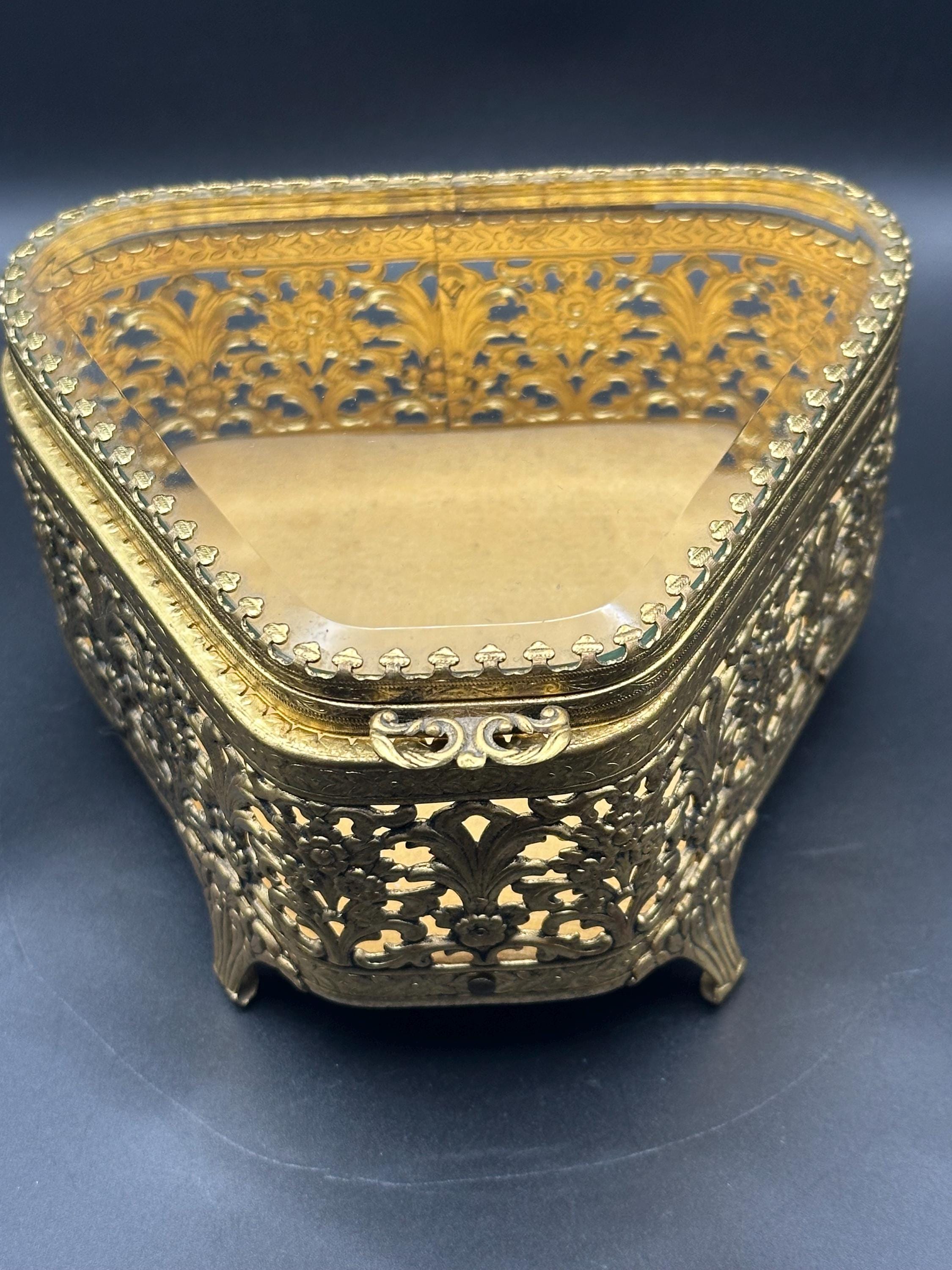 French Ormolu Filigree Jewellery Casket: Bevelled Glass Lid, Trinket Box