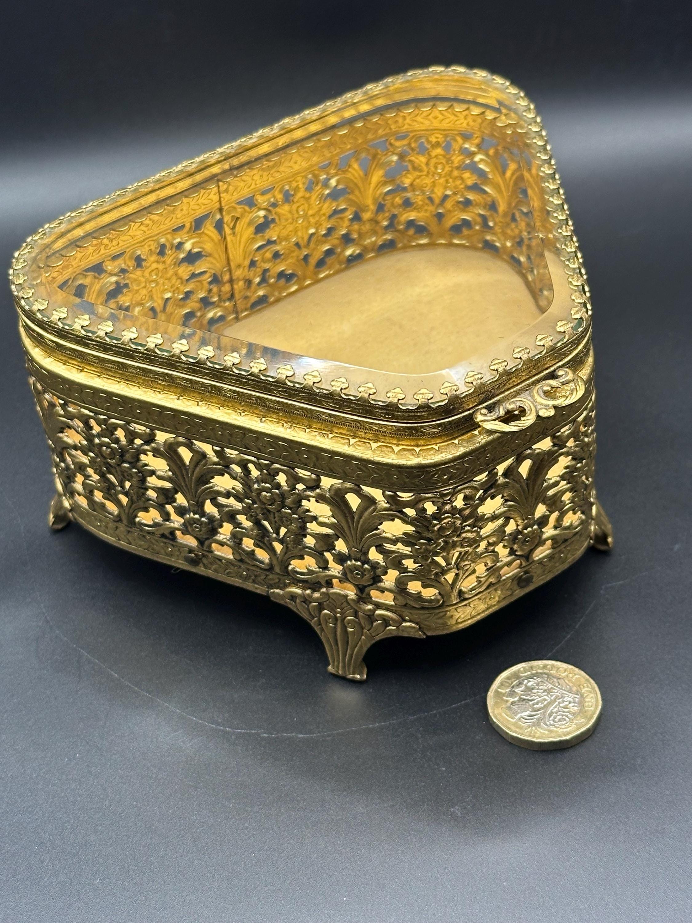 French Ormolu Filigree Jewellery Casket: Bevelled Glass Lid, Trinket Box