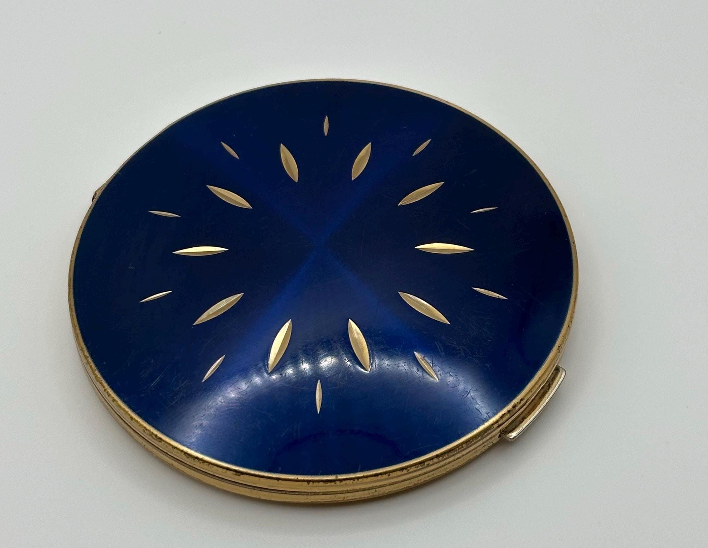 Vintage Stratton Powder Compact: Navy Enamel Sunburst, Made in England