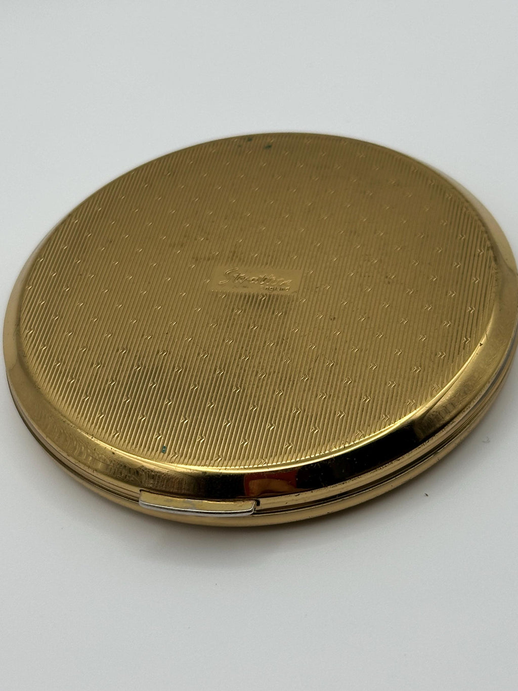 Vintage Stratton Gold Tone Powder Compact: Geometric Lid, Made in England